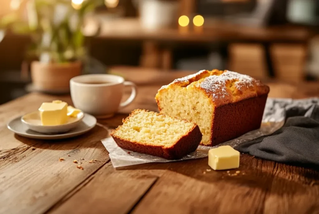 Banana bread with slices and coffee in an office setting