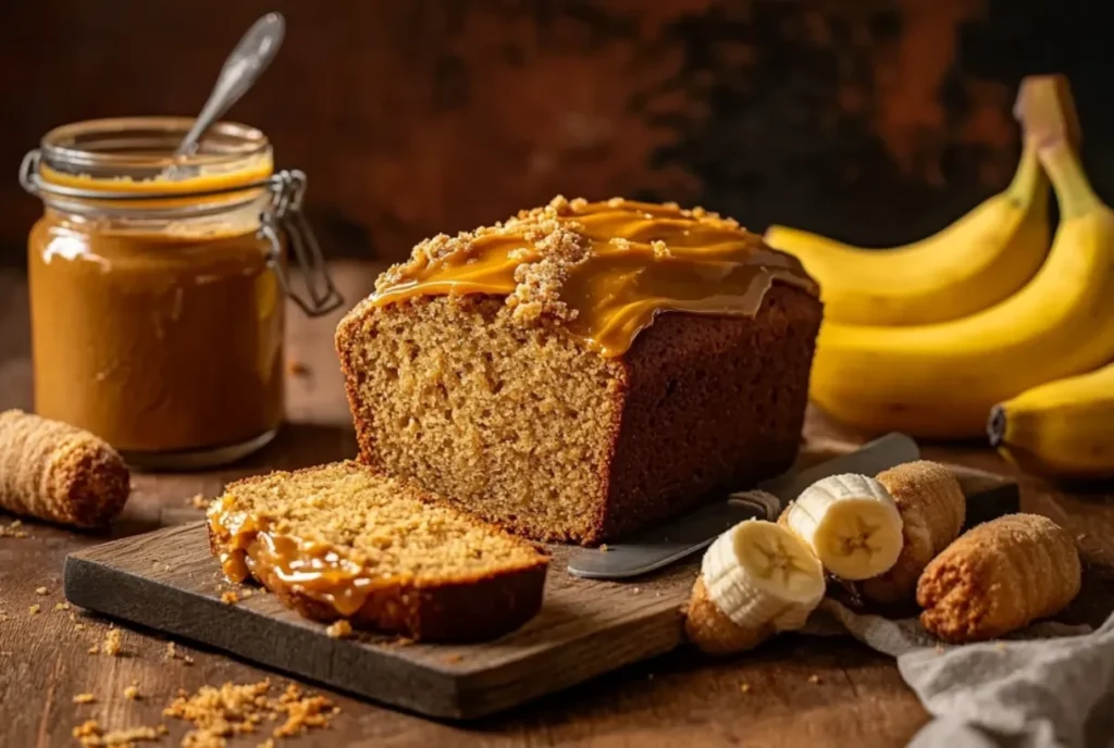 Freshly baked Biscoff banana bread with golden caramel swirls