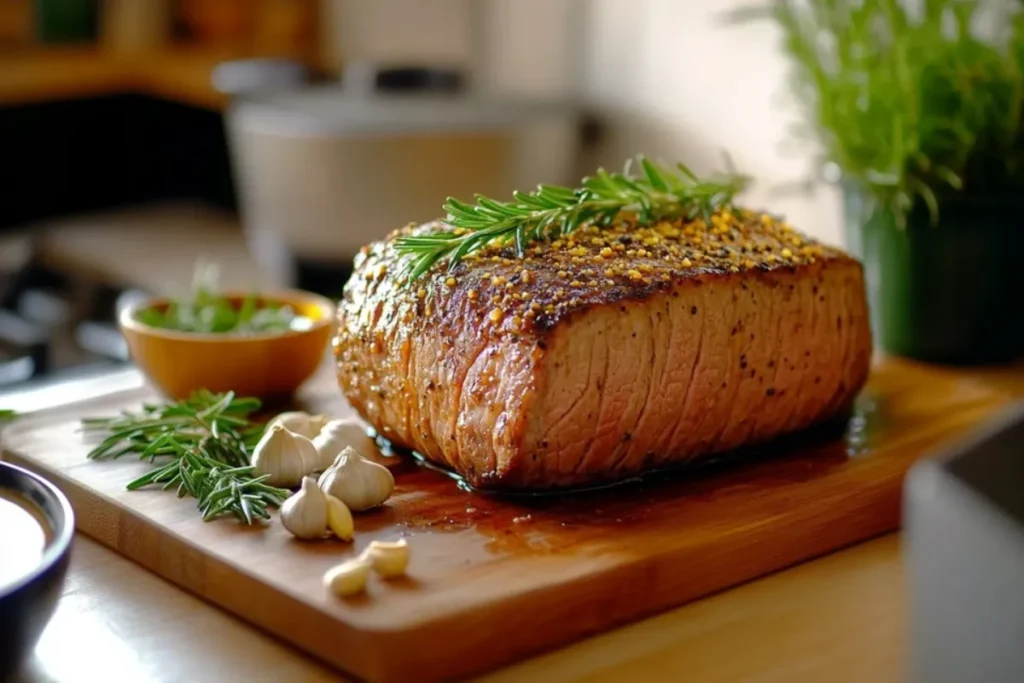 Perfectly cooked bone-in prime rib roast with golden crust