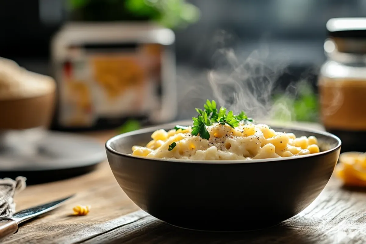 Steaming bowl of mac and cheese made with elbow pasta