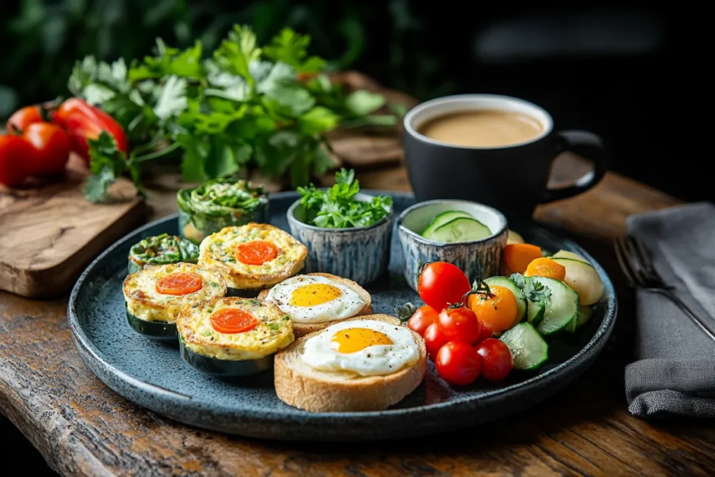 Breakfast plate with frittatas, poached eggs, and veggies