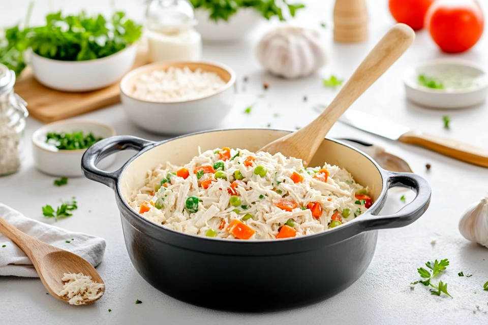 Preparing chicken pot pie filling with cream of chicken soup