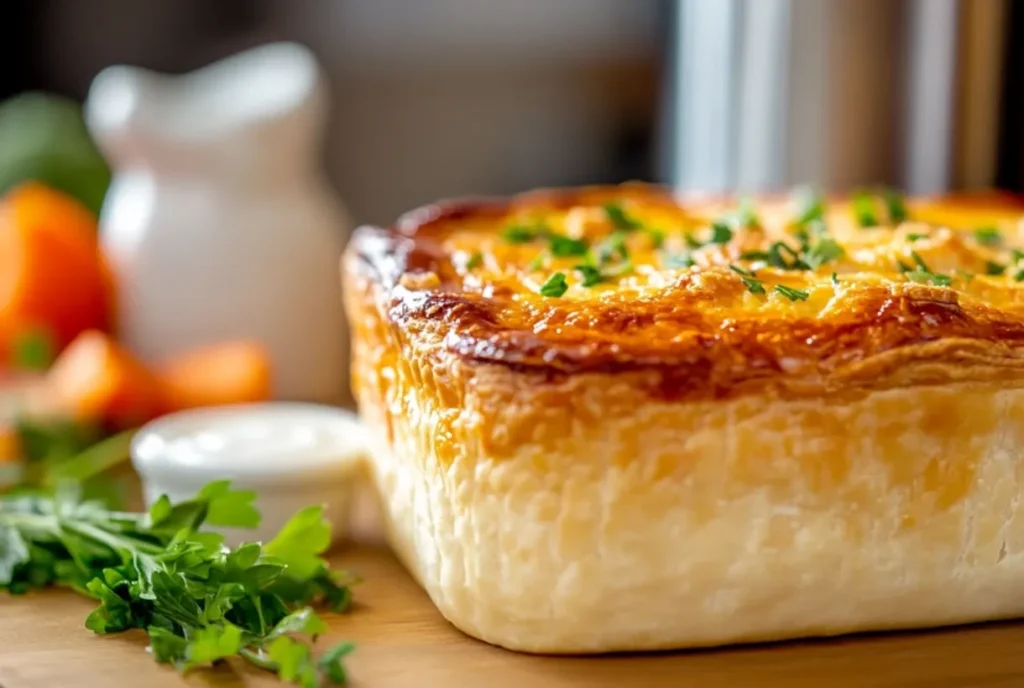 Golden chicken pot pie with cream of chicken soup filling