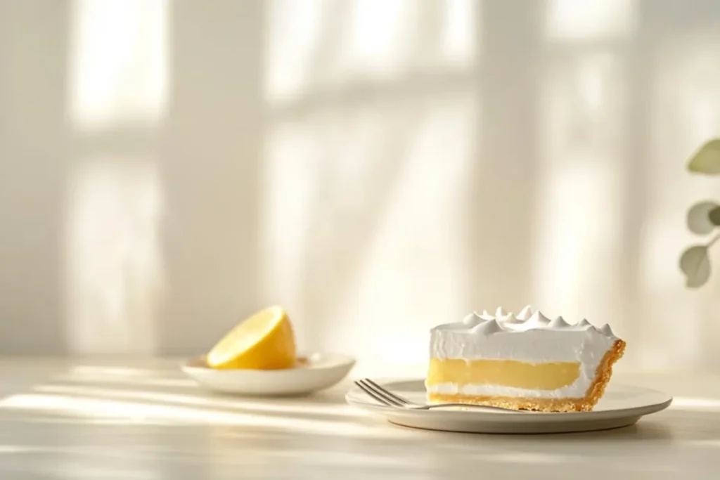 A sliced lemon meringue pie with golden peaks and layers of lemon curd