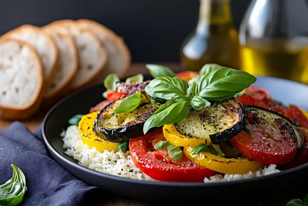 Classic Ratatouille on Cauliflower Rice garnished with basil on a wooden table