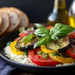 Classic Ratatouille on Cauliflower Rice garnished with basil on a wooden table