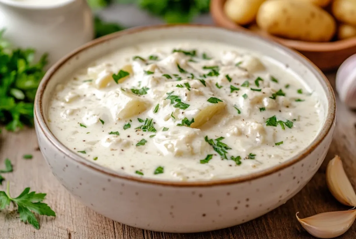 Creamy garlic sauce baby potatoes in a rustic bowl