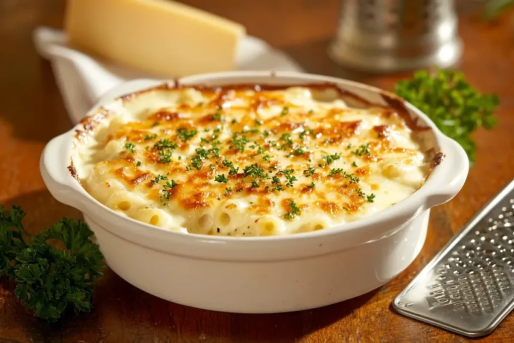 A creamy mac and cheese dish made with elbow pasta, topped with golden melted cheese