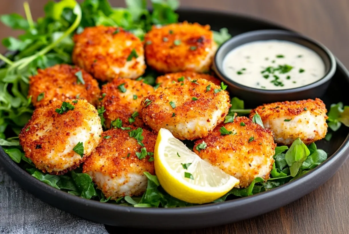 Crispy air fryer chicken cutlets served with salad and lemon