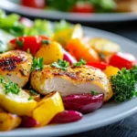 Healthy chicken cutlets served with roasted vegetables and salad