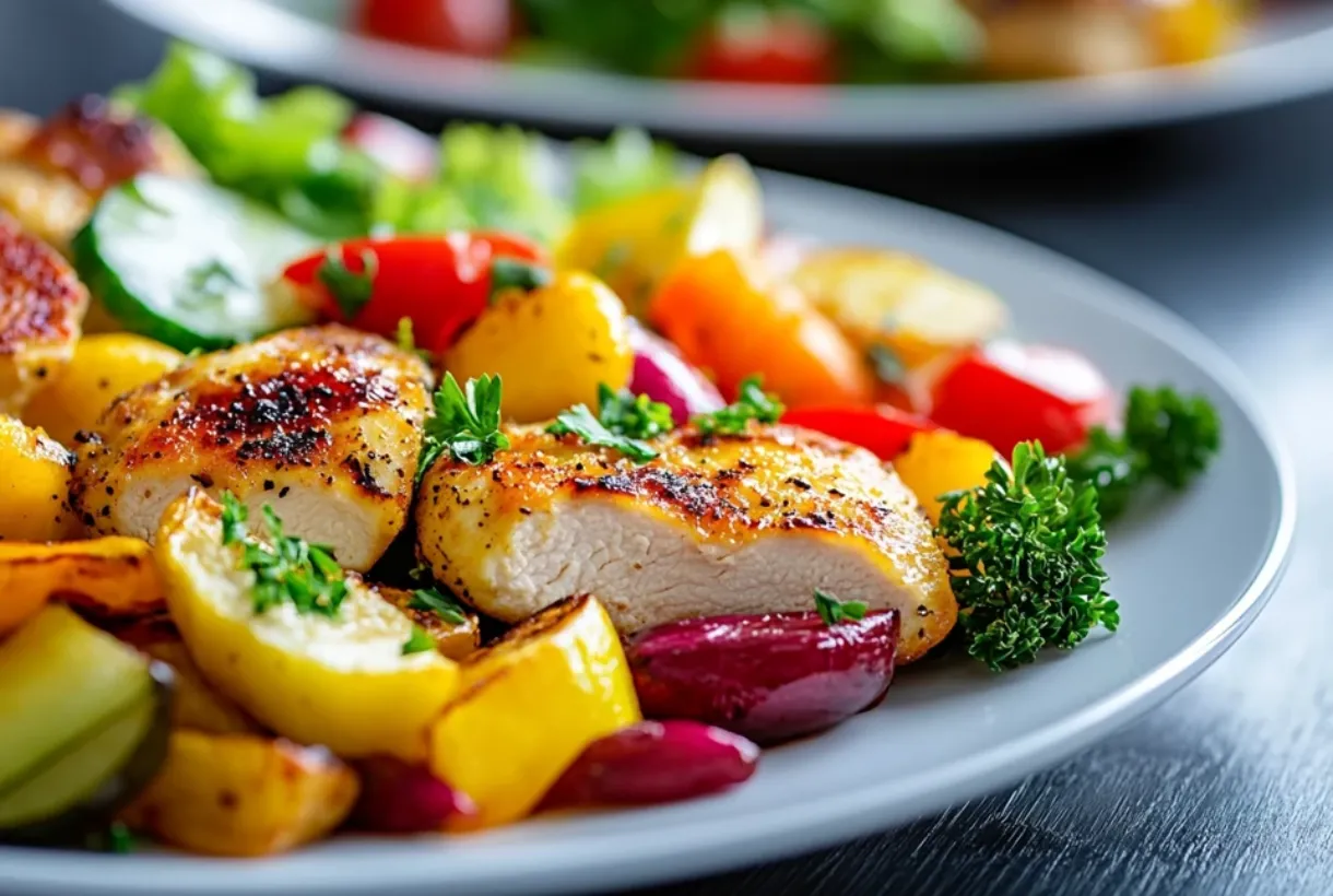 Healthy chicken cutlets served with roasted vegetables and salad