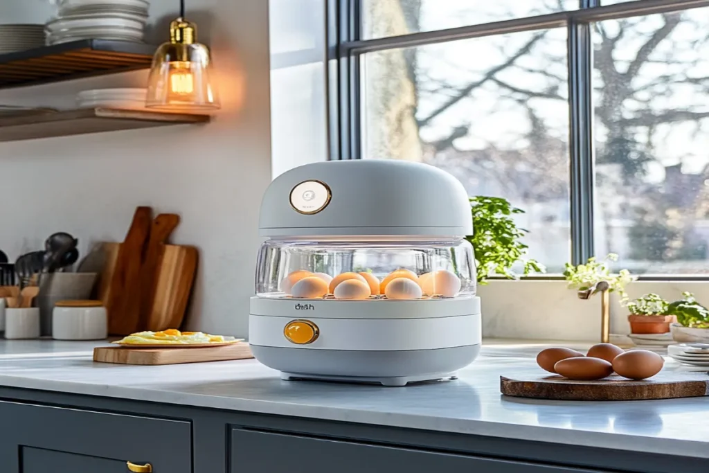 Dash Egg Cooker in a modern kitchen with cooked eggs