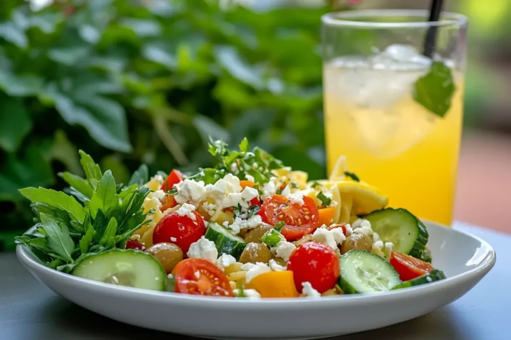 Plate of elbow pasta salad with vegetables and feta cheese