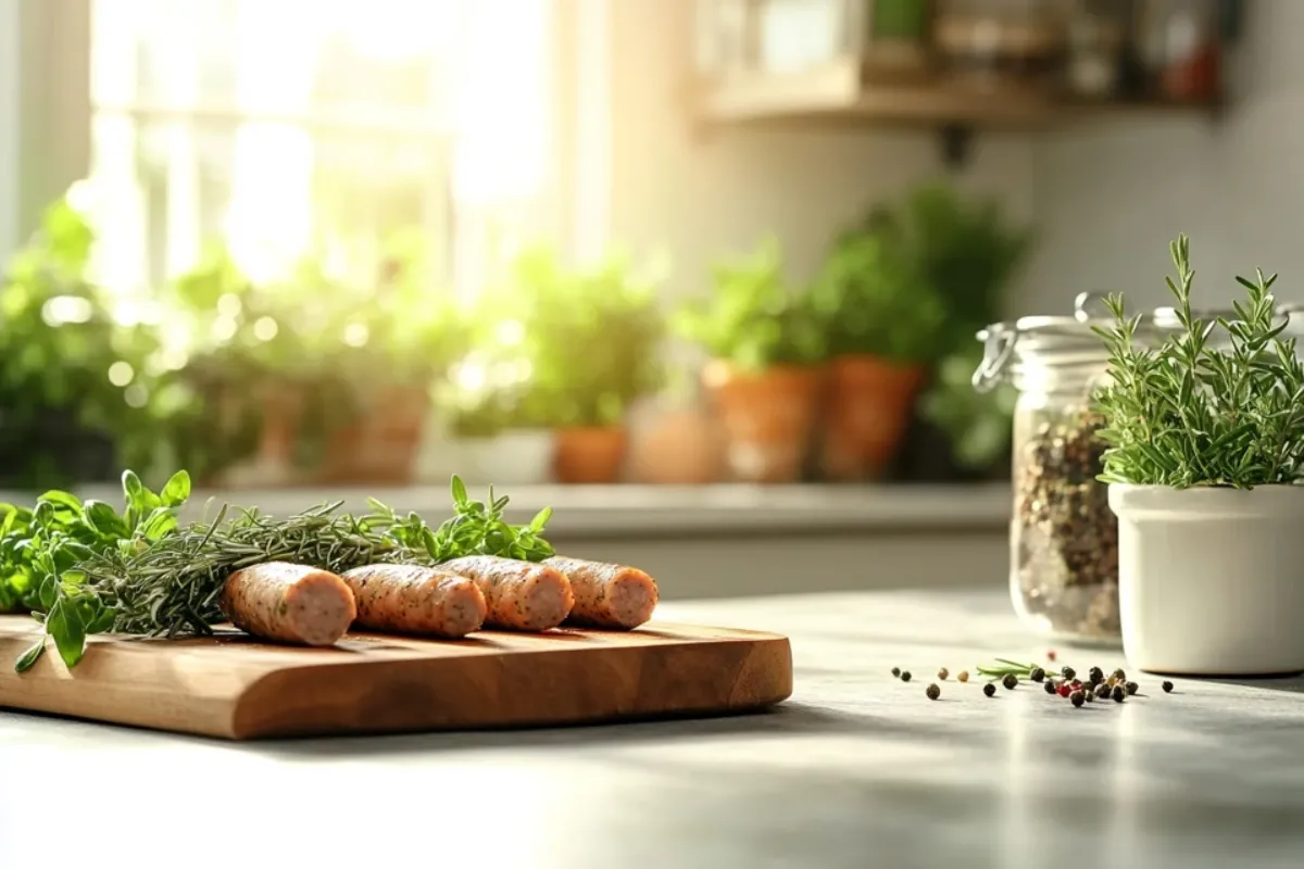 Fresh turkey sausage links on a wooden board with herbs