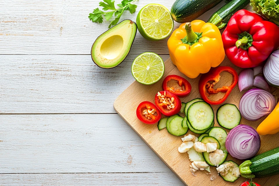 Fresh vegetables being prepared for tacos with avocado and lime