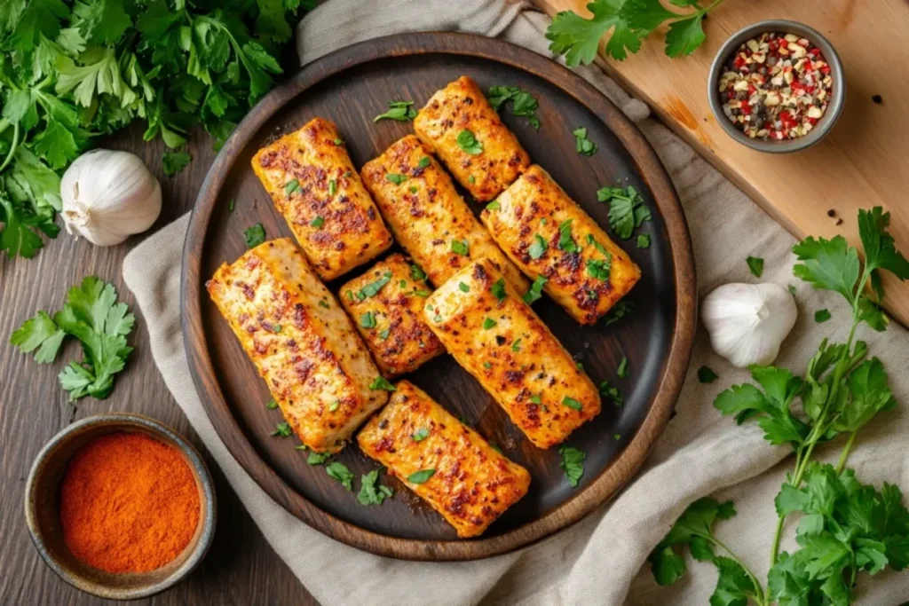 Cooked turkey sausage links with herbs and spices on a rustic plate