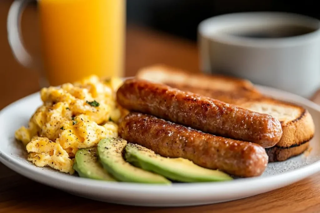 Turkey sausage breakfast plate with eggs, avocado, and toast