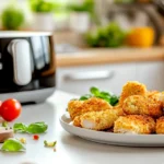 Crispy reheated chicken cutlets next to an air fryer on a modern kitchen counter