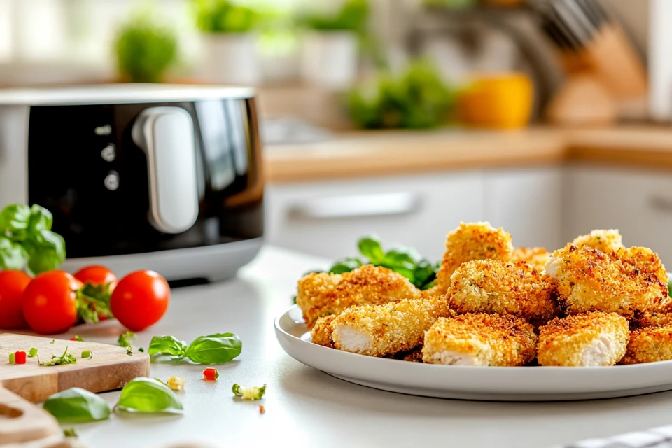 Crispy reheated chicken cutlets next to an air fryer on a modern kitchen counter