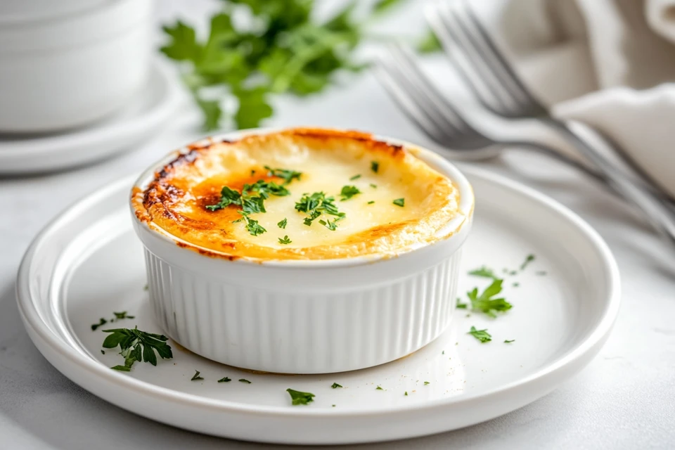 Individual chicken pot pie with cream of chicken soup in a ramekin