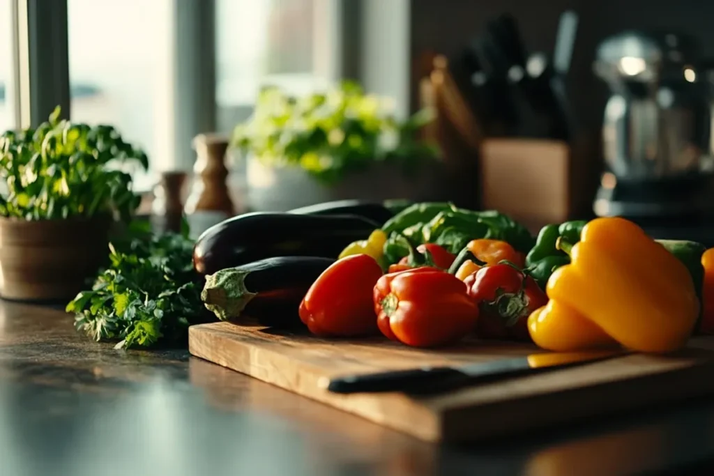 Fresh vegetables for ratatouille on a rustic kitchen counter