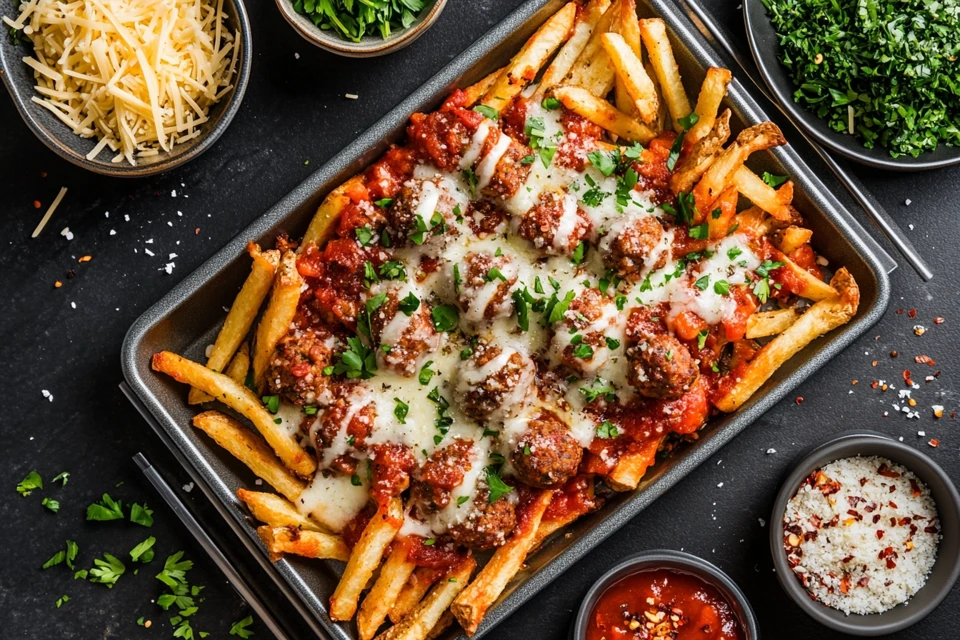 Meatball Marinara Loaded Fries ready to be baked