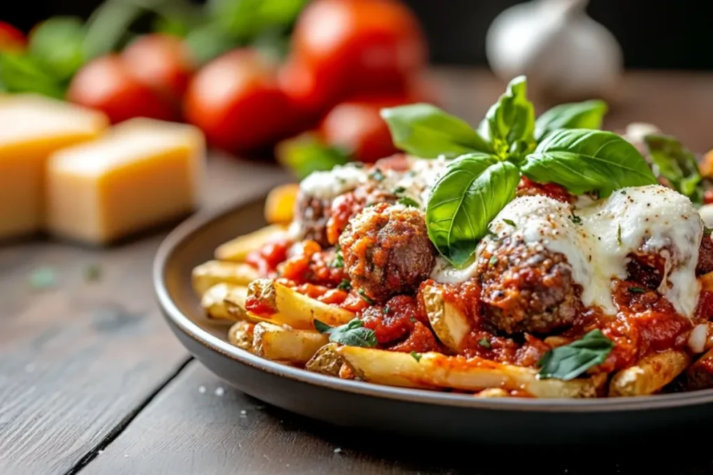 Meatball Marinara Loaded Fries served with basil garnish