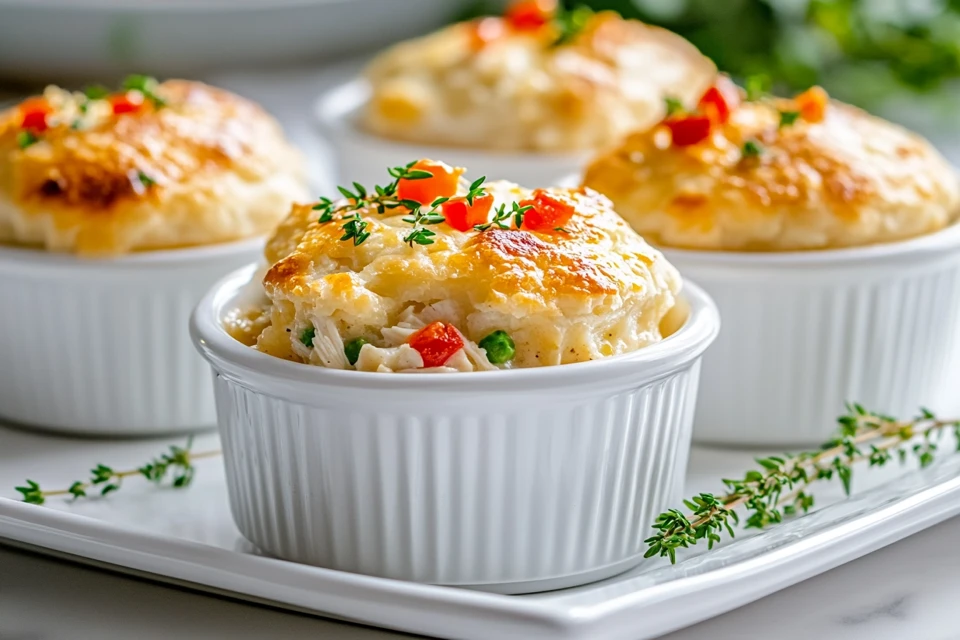 Mini chicken pot pies in ramekins with golden crusts