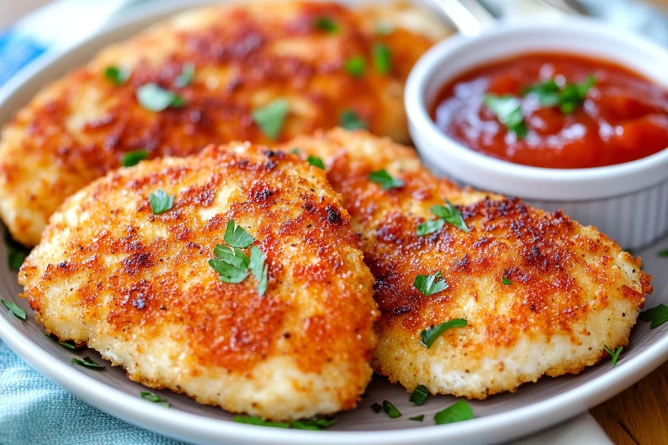 Parmesan-crusted air fryer chicken cutlets with marinara dipping sauce