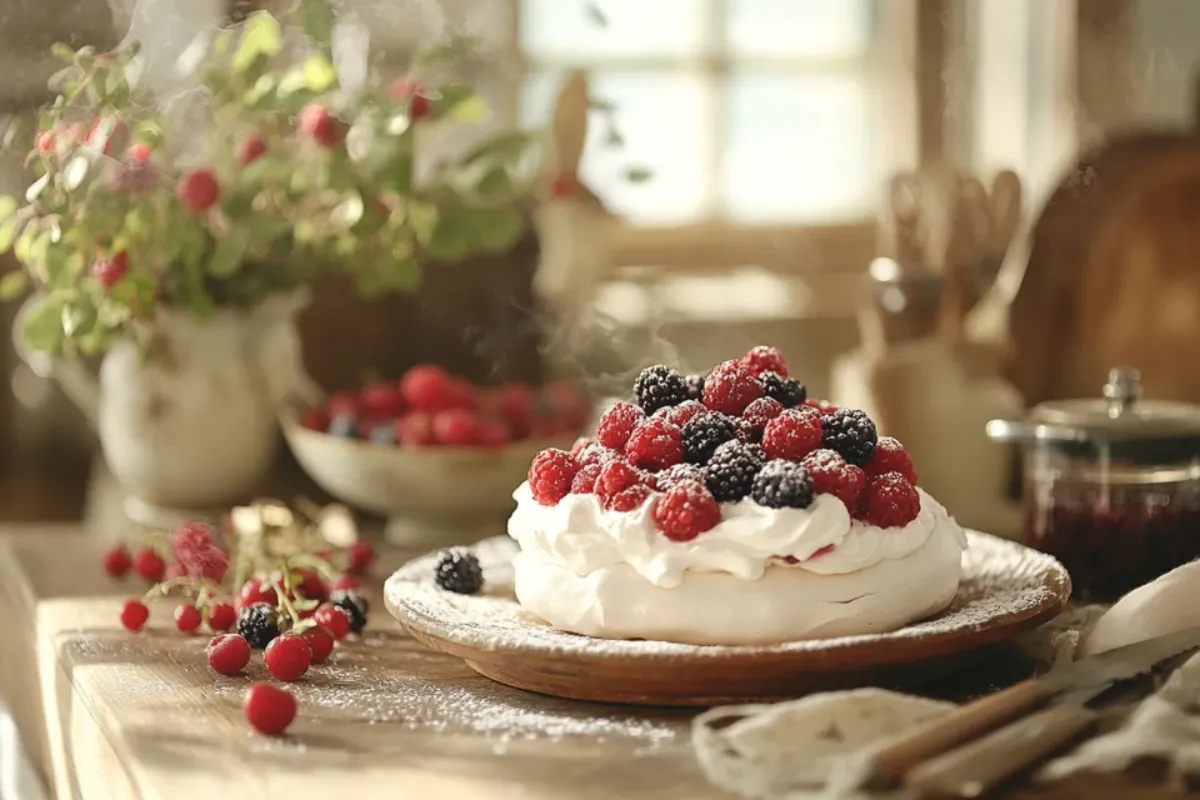 A pavlova dessert topped with cream and berries, displayed in a rustic kitchen