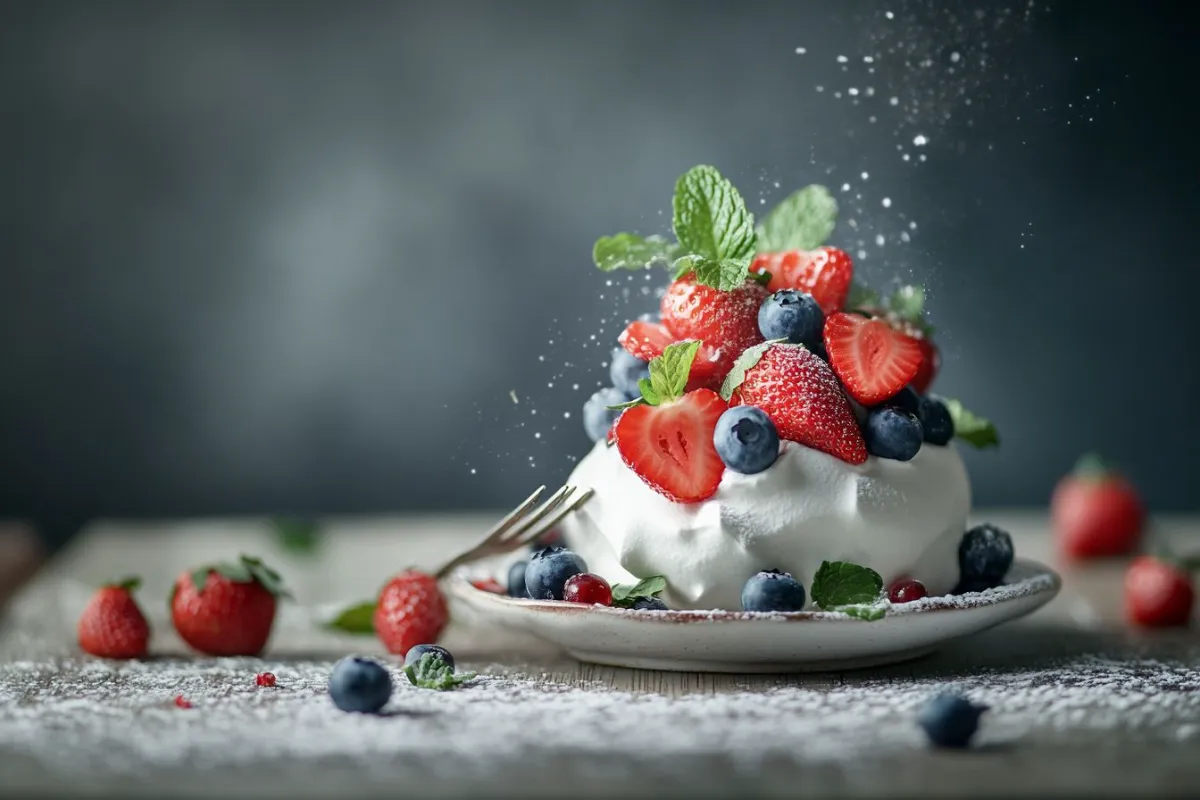 Pavlova dessert with fresh strawberries, blueberries, and mint