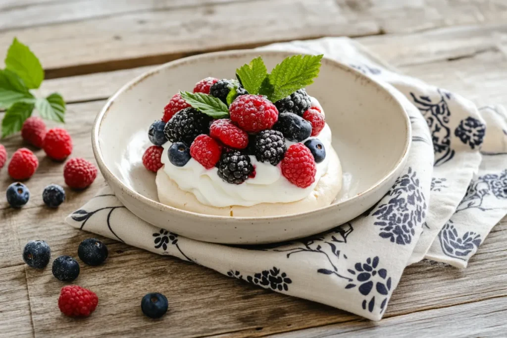 Pavlova dessert topped with fresh berries and whipped cream