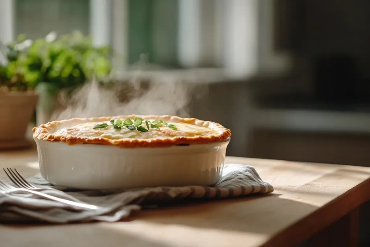 Golden flaky chicken pot pie with steam rising