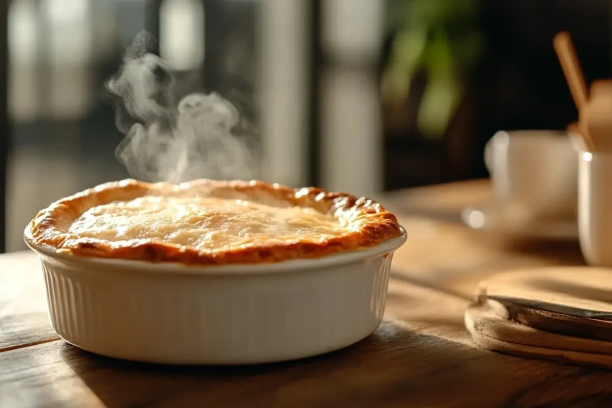 Golden flaky chicken pot pie with steam rising