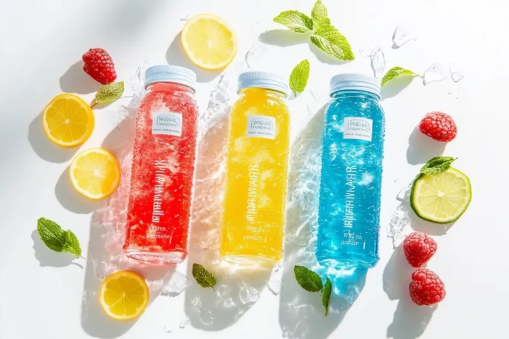 Prime Hydration drinks in Blue Raspberry, Lemon Lime, and Tropical Punch flavors with fruit slices.