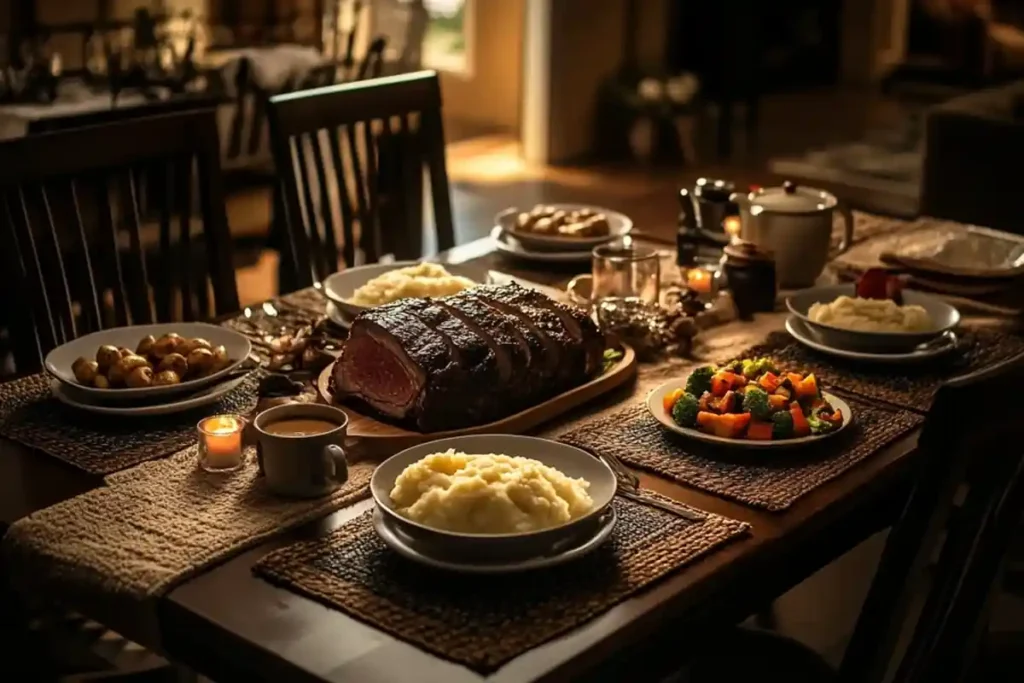 Prime rib dinner with sides and red wine