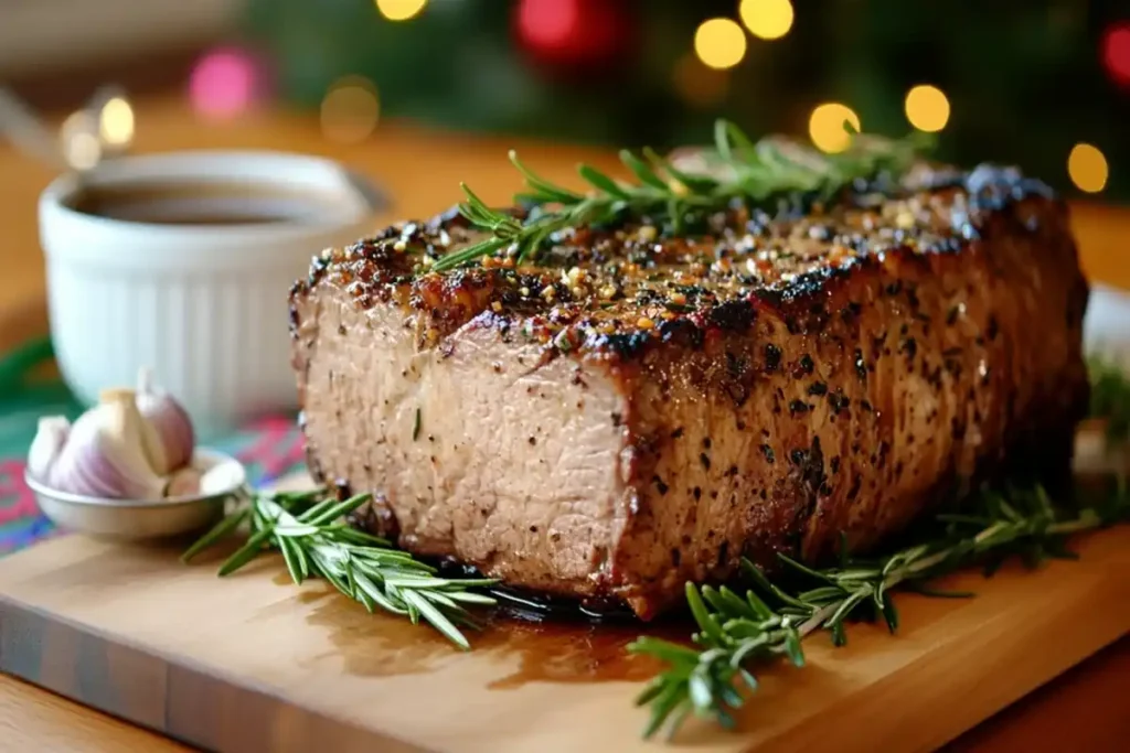 Perfectly cooked prime rib roast with herbs and au jus