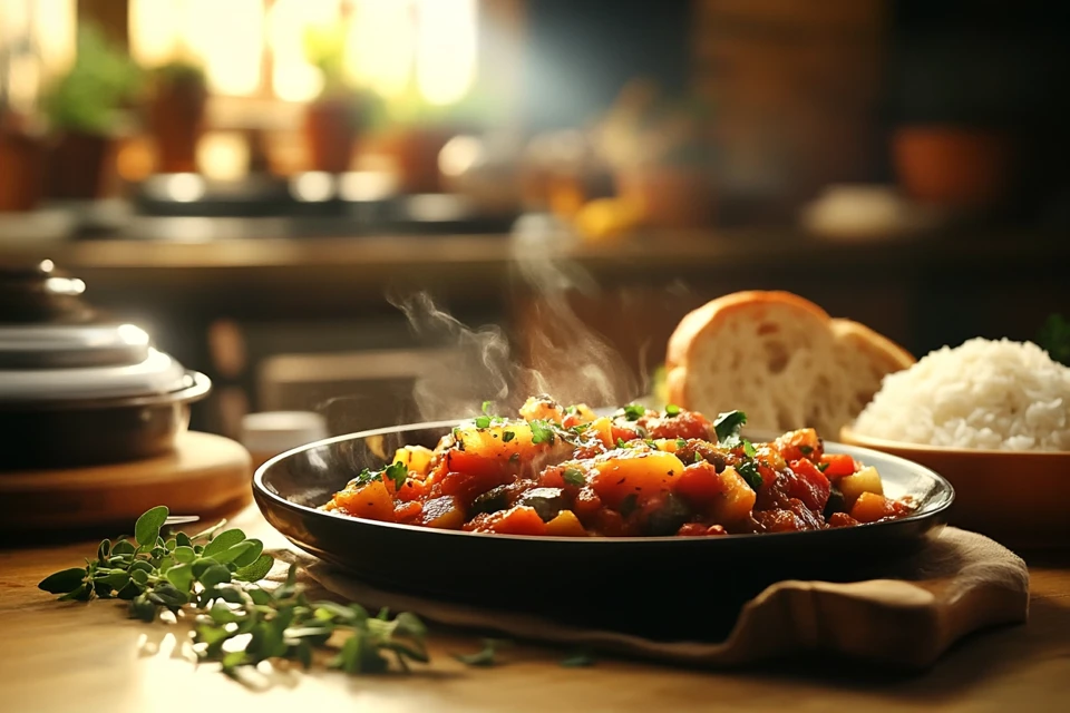 Ratatouille served with crusty bread and steamed rice on a cozy dinner table