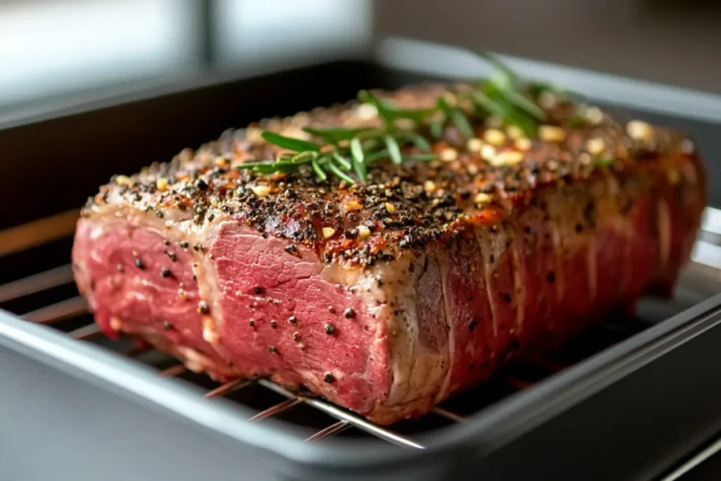 Raw prime rib with seasoning in a roasting pan