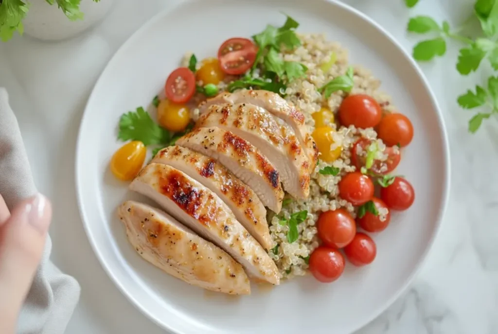 Air fryer chicken breast with whole grain mustard and roasted vegetables