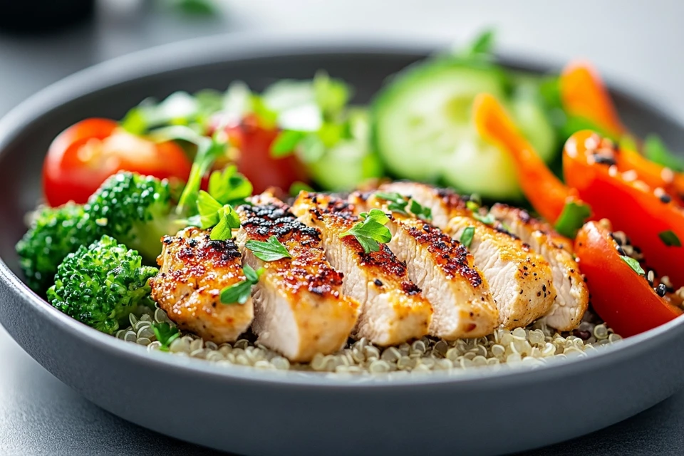 How to Make Healthy Chicken Cutlets in an Air Fryer for a Guilt-Free Meal 3 Sliced air-fried chicken cutlets served over quinoa and steamed vegetable