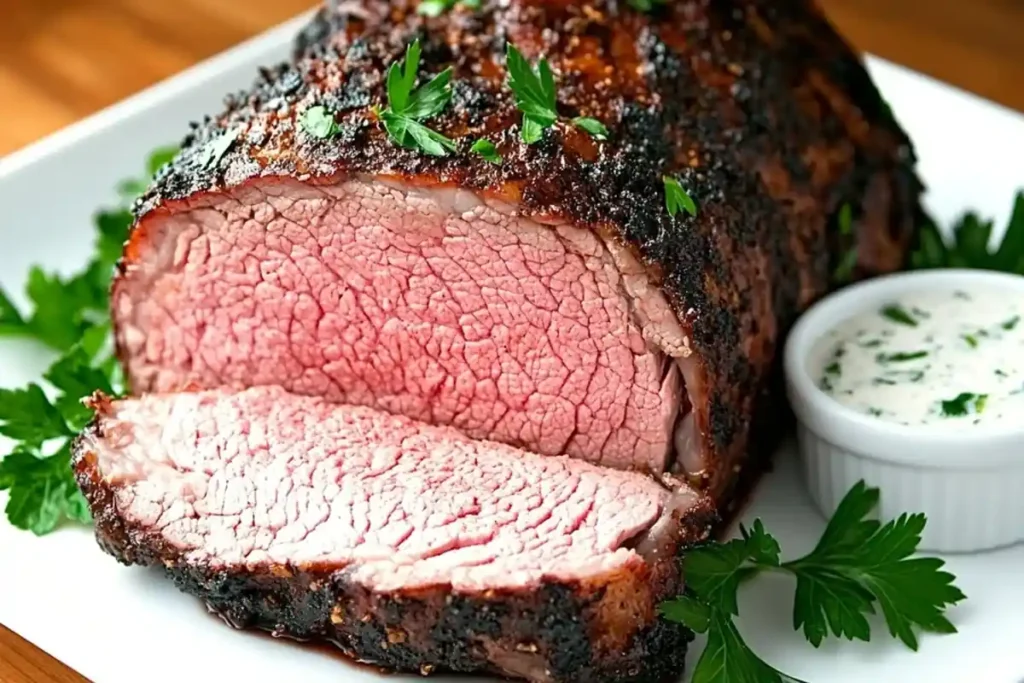 Prime rib dinner with sides and red wine