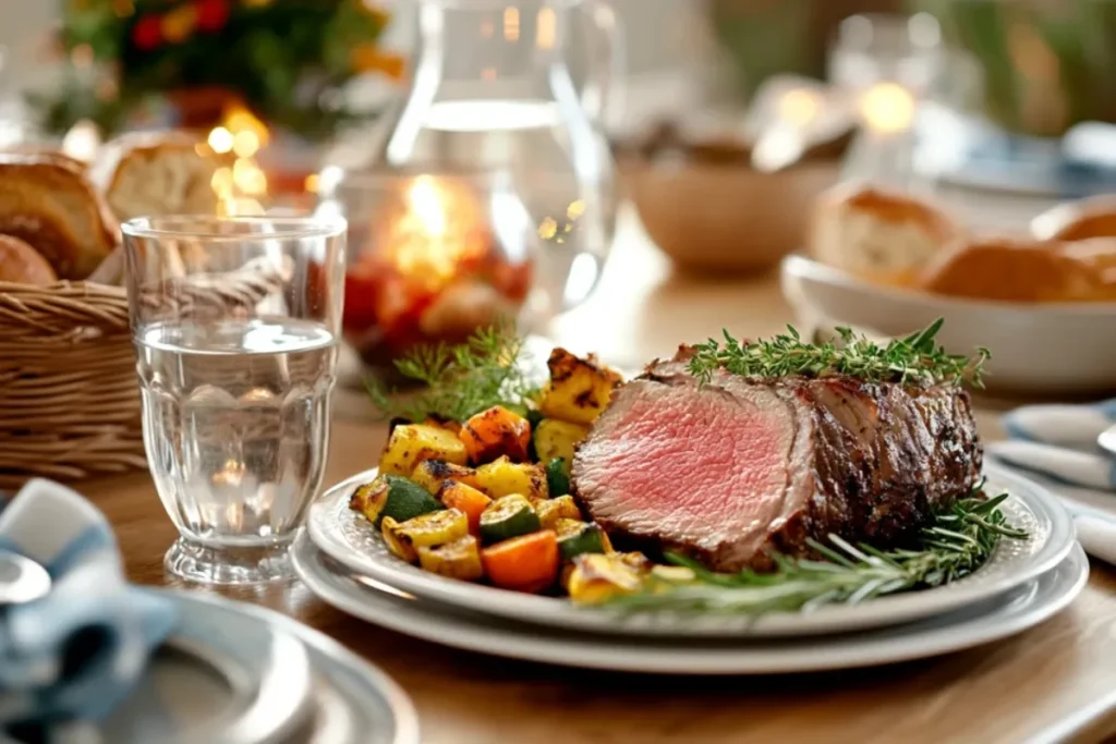 Sliced prime rib with crusted edge served with vegetables