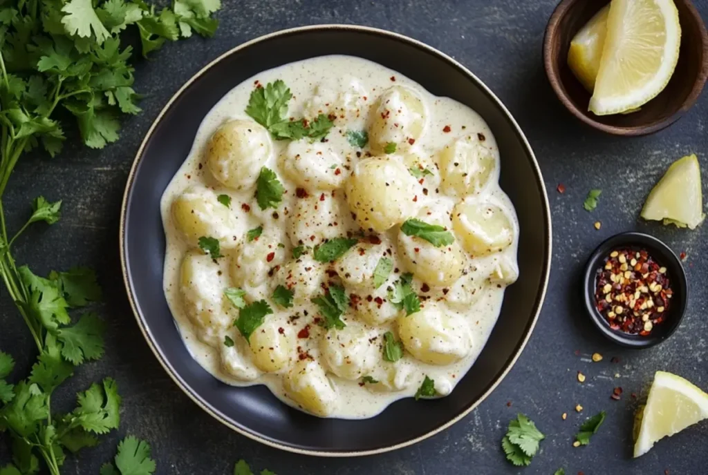 Spicy creamy garlic baby potatoes with chili flakes