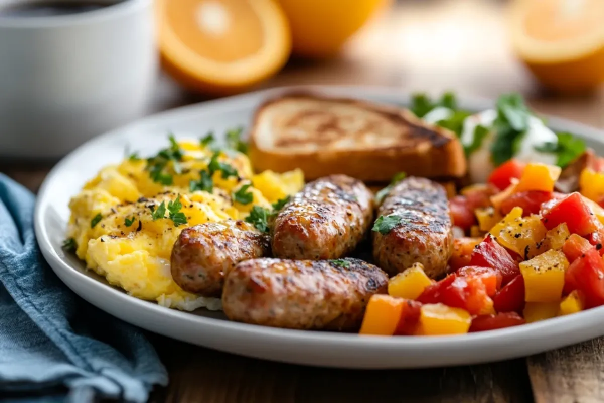 Healthy breakfast with turkey sausage, eggs, and roasted vegetables