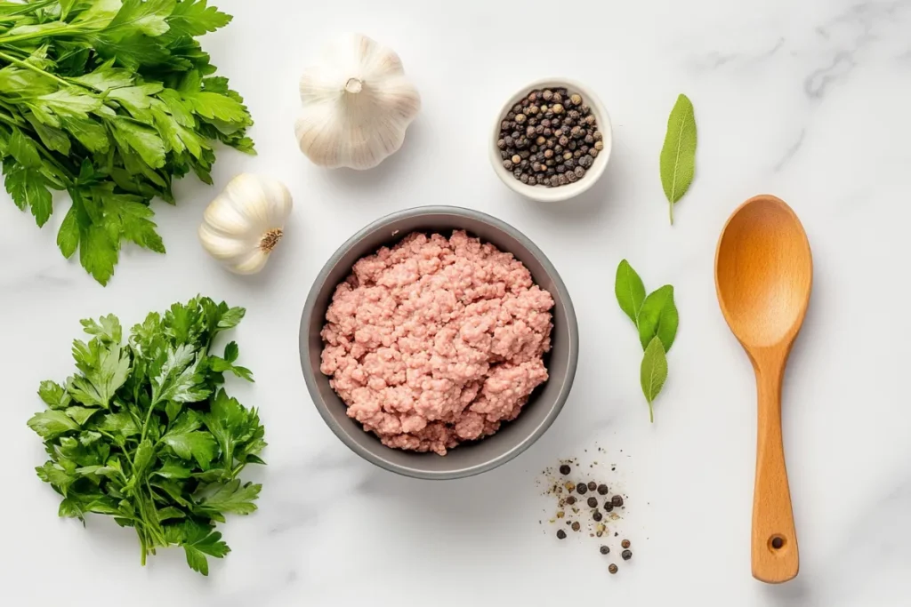 Ingredients for homemade turkey sausage including ground turkey and spices