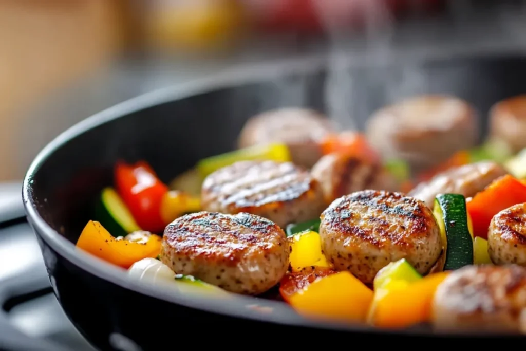 Turkey sausage links cooking in a skillet with fresh vegetables