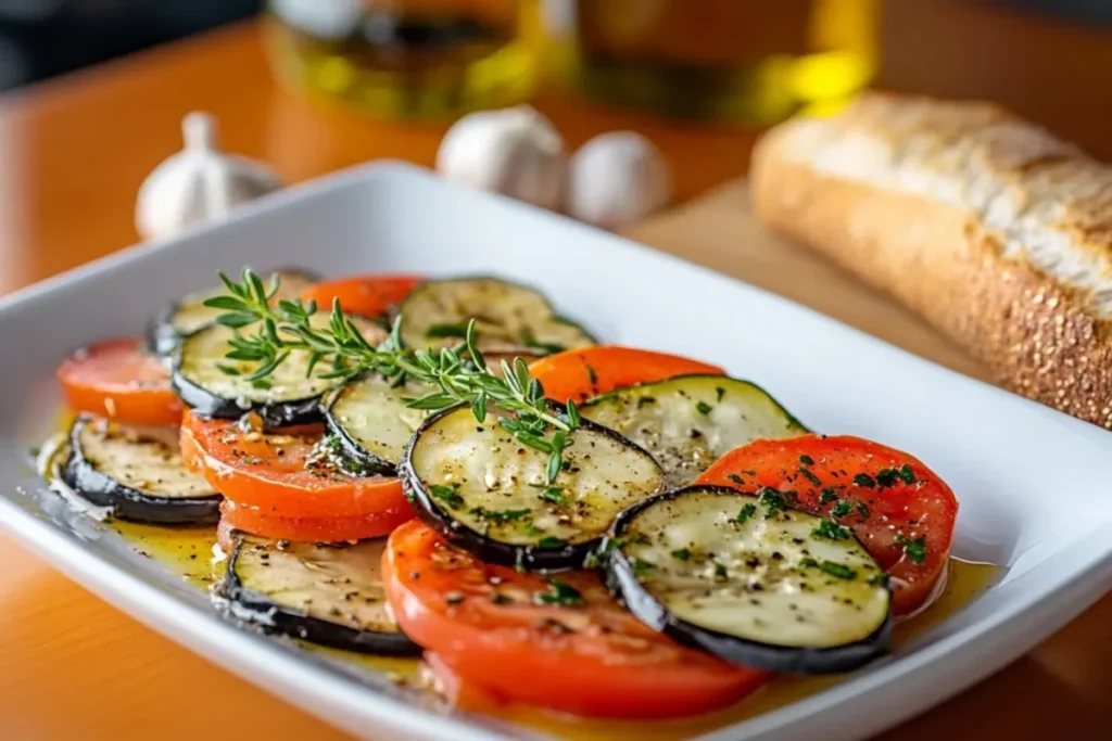 Beautifully arranged ratatouille dish with fresh herbs on a wooden table