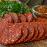 Sliced beef pepperoni with seasoning on a wooden board