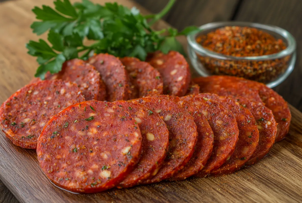 Sliced beef pepperoni with seasoning on a wooden board